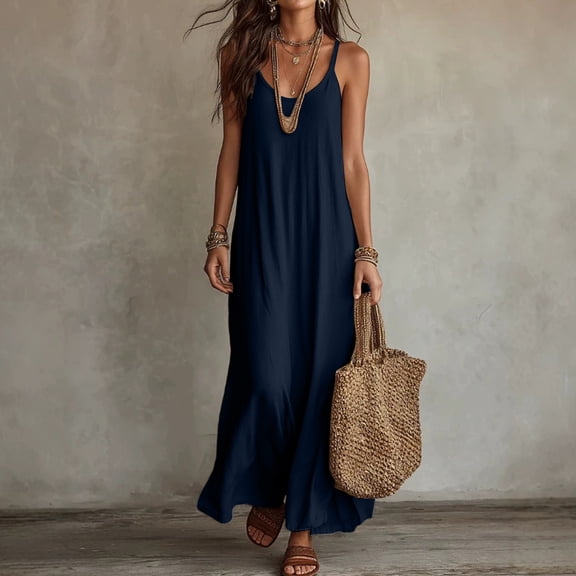 Summer Dresses for Women Cotton Linen Sleeveless Maxi Dress Boho Flowy Long Dress Casual Beach Vacation Sundress Loose Tunic Navy L