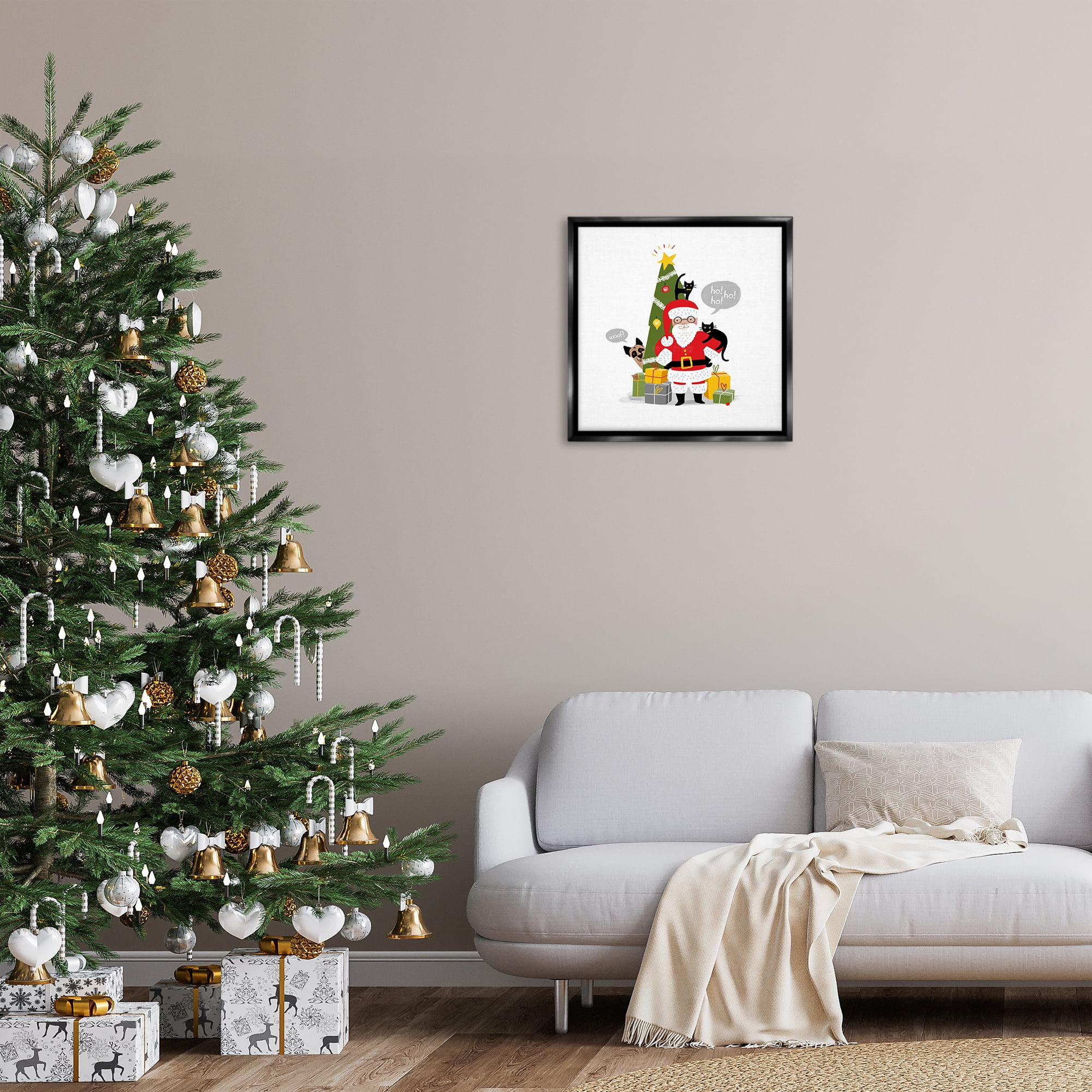 Stupell Industries Santa Paws with Pets Holiday Painting Black Floater Framed Canvas Art Prints Wall Art, 25 x 25