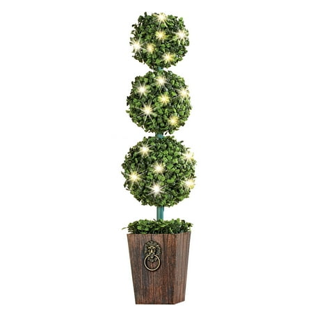 - Lighted 3-Tier Boxwood Topiary with Faux Wooden Planter - For Indoor or Outdoor Decorative Accent
