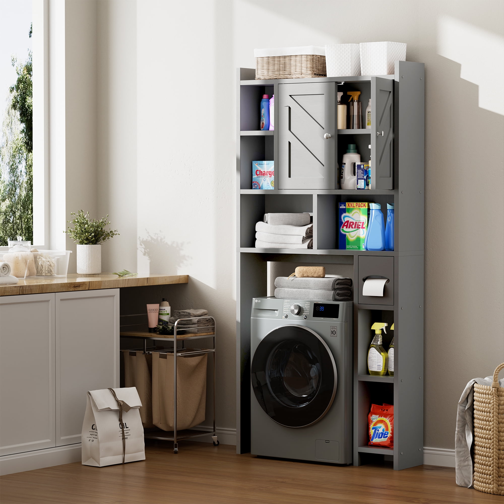 Walsunny Over the Toilet Storage Cabinets with Doors Side Shelves Toilet Paper Holder Stand Organizer Shelf Rack Space Saver above behind Toilet Freestanding for Bathroom Restroom Laundry Gray