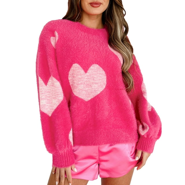 EYIIYE Chandail Duveteux à Cœur pour Femmes Adolescente Fille Manches Longues Tricot Chandail Col Rond Tricot Torsadé Épais Chandails Femmes Ample Décontracté Hauts Doux pour Printemps Hiver Automne Vêtements d'Extérieur
