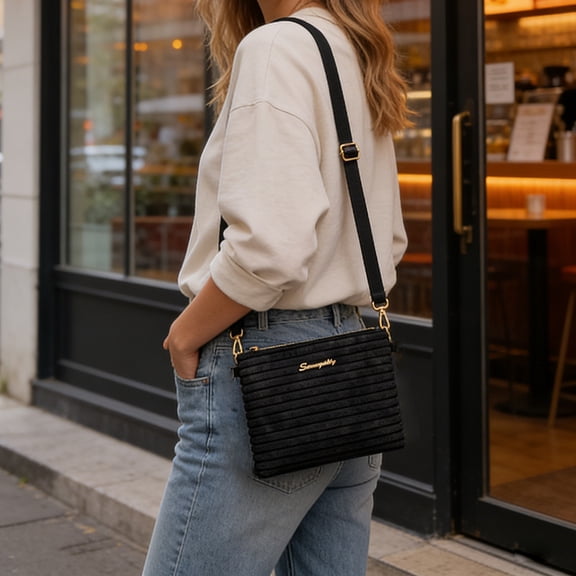 Soft Corduroy Striped Crossbody Bag for Women, Lightweight Velvet Shoulder Bag with Adjustable Strap, Large Capacity Casual Bag for Daily Use Work Shopping Short Trips