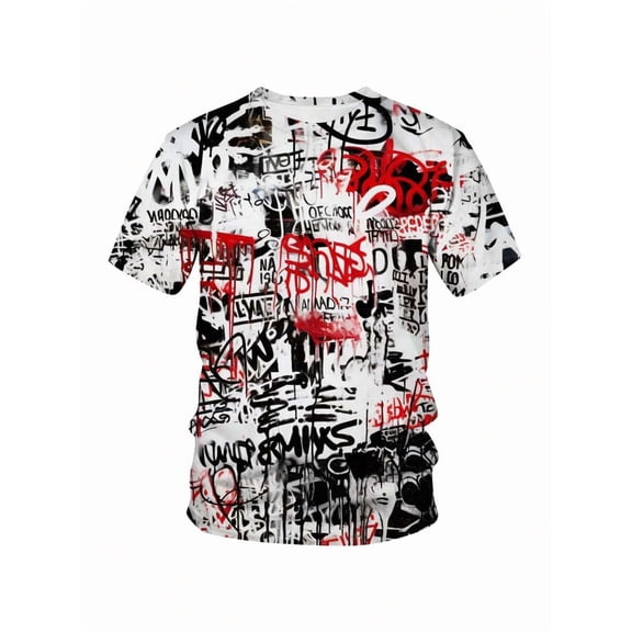 Mens Graffiti Print 3D Crew Neck Short Sleeve Hip Hop T Shirt, Full Print Crew Neck Short Sleeve Tee, Casual Summer Top, All Over Printed Graphic T-Shirt