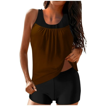Busydd Tankini Swimsuits for Women Fashion Solid Color Bathing Suit for Women Two Piece Swim Suits Round Neck Pleated Tank Tops with Boyshorts