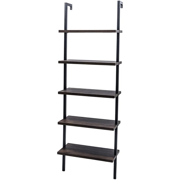 5Shelf Wood Ladder Bookcase with Metal Frame, Industrial 5Tier Modern