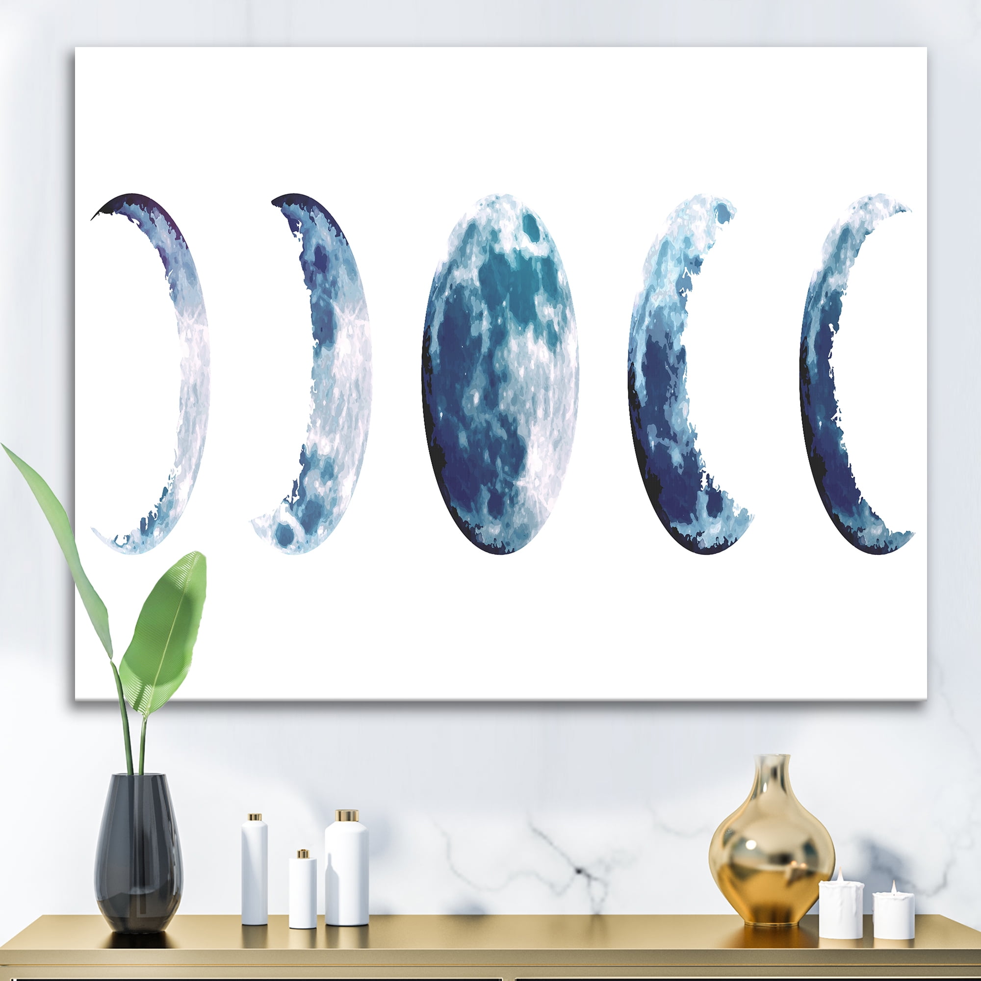 Designart ' Magic Blue Moon Phases On White ' Bohemian & Eclectic Canvas Wall Art Print