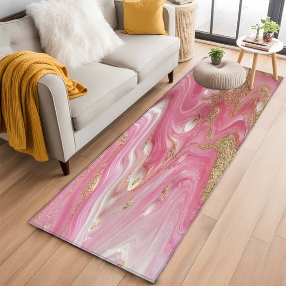 2'x6' Rug Runners for Hallways Kitchen, Pink Marble Non Slip Entryway Beside Floor Carpet Runner, Modern Ink Painting Abstract Golden Washable Laundry Room Bedroom Throw Rugs Mat for Family Pet