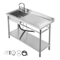 KFFKFF Stainless Steel Utility Sink, Freestanding Single Bowl Commercial Kitchen Sink with Faucet, Right-Side Basin Workbench with Hot and Cold Water Pipes for Garage, Restaurant, or Laundry