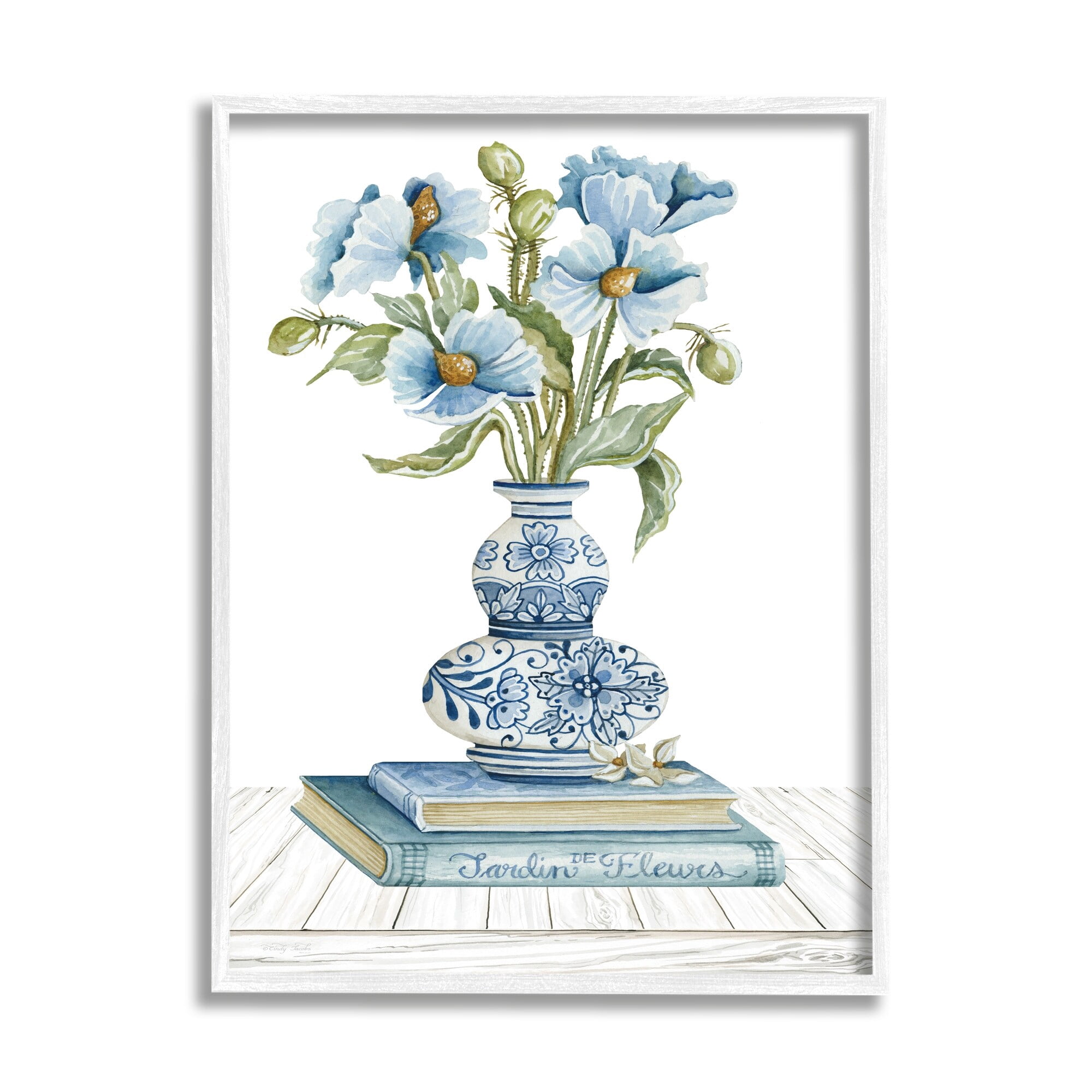 Stupell Industries Blue Flower Arrangement Ornate Pottery Still Life Painting White Framed Art Print Wall Art, Design by Cindy Jacobs