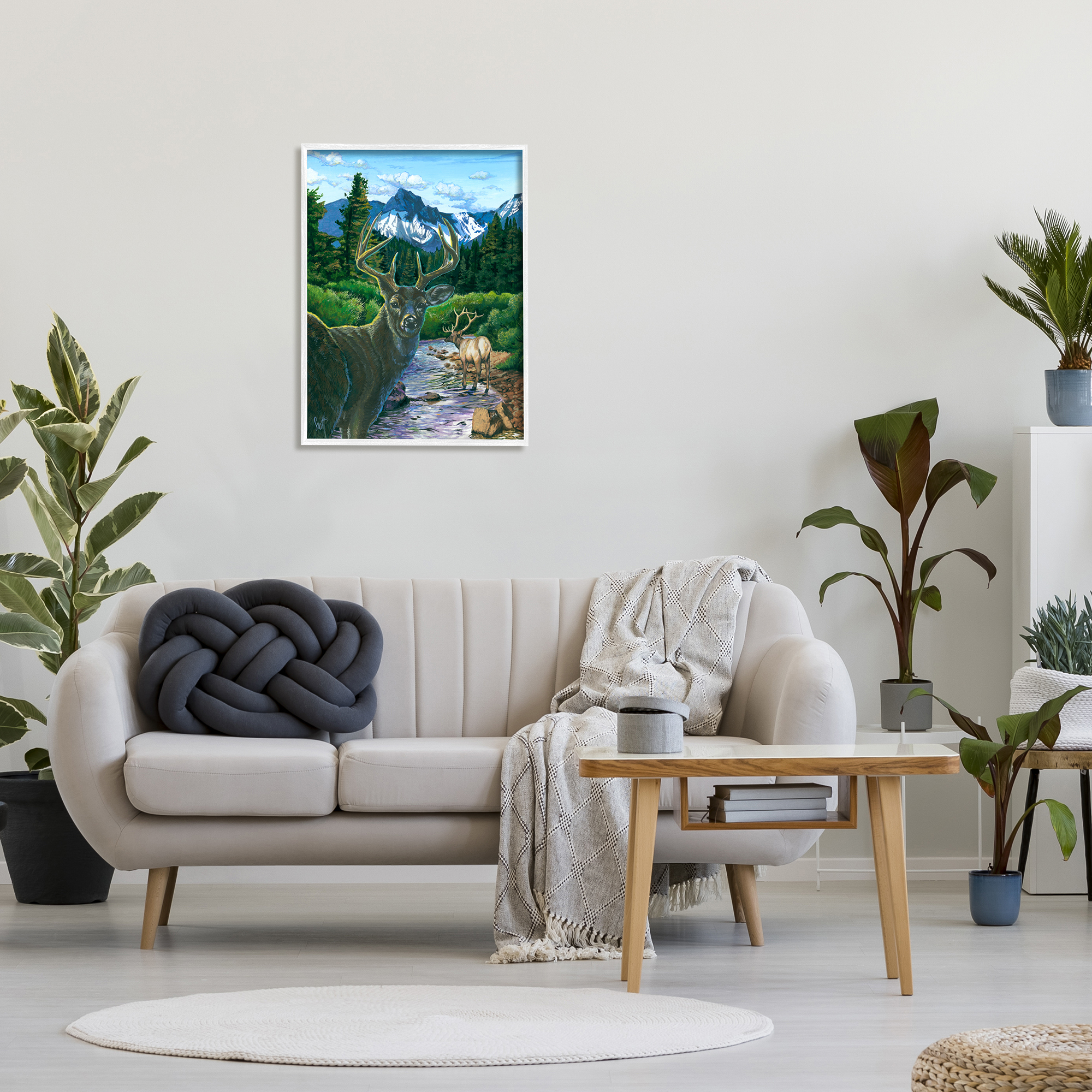 Stupell Industries Deer in Mountain Scenery Animals & Insects Painting White Framed Art Print Wall Art, 24 x 30