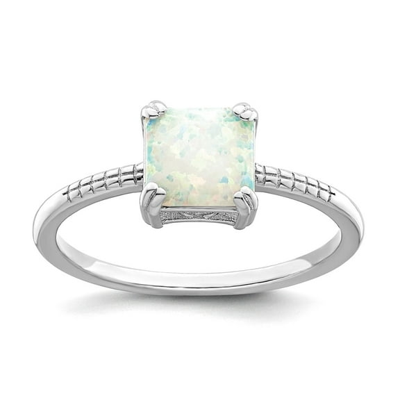 7.4mm 925 Sterling Silver Rhodium Plated Polished Square White Simulated Opal Ring Size 6 Ring for Women