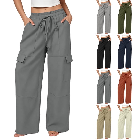 Cotton Cargo Pants for Women Ihhxva Wide Leg Relaxed Fit Elastic Waist Solid Color Adjustable Multi-Pockets Fall Work Casual Daily Wear Outdoor S-2XL
