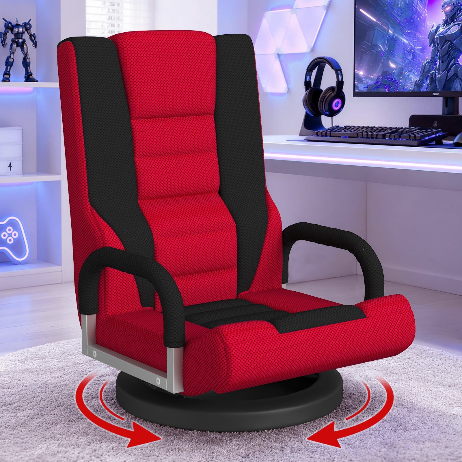 DKMOCO Folding Floor Gaming Chair with Back Support,360 Degree Swivel and 6-Position Adjustable Backrest,Padded Video Game Chair for Bedroom Living Room Adults,Red Black