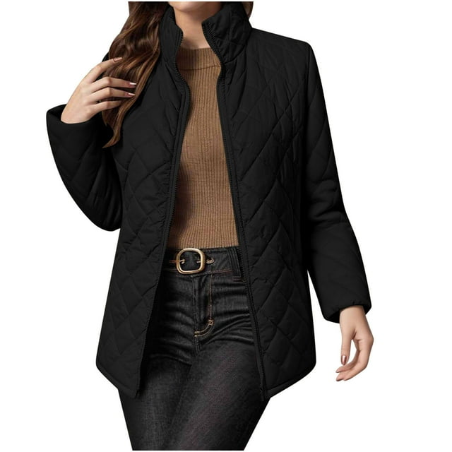 Gpaecead Quilted Jackets Women's Solid Long Sleeved Standing Collar Pocket Long Jacket
