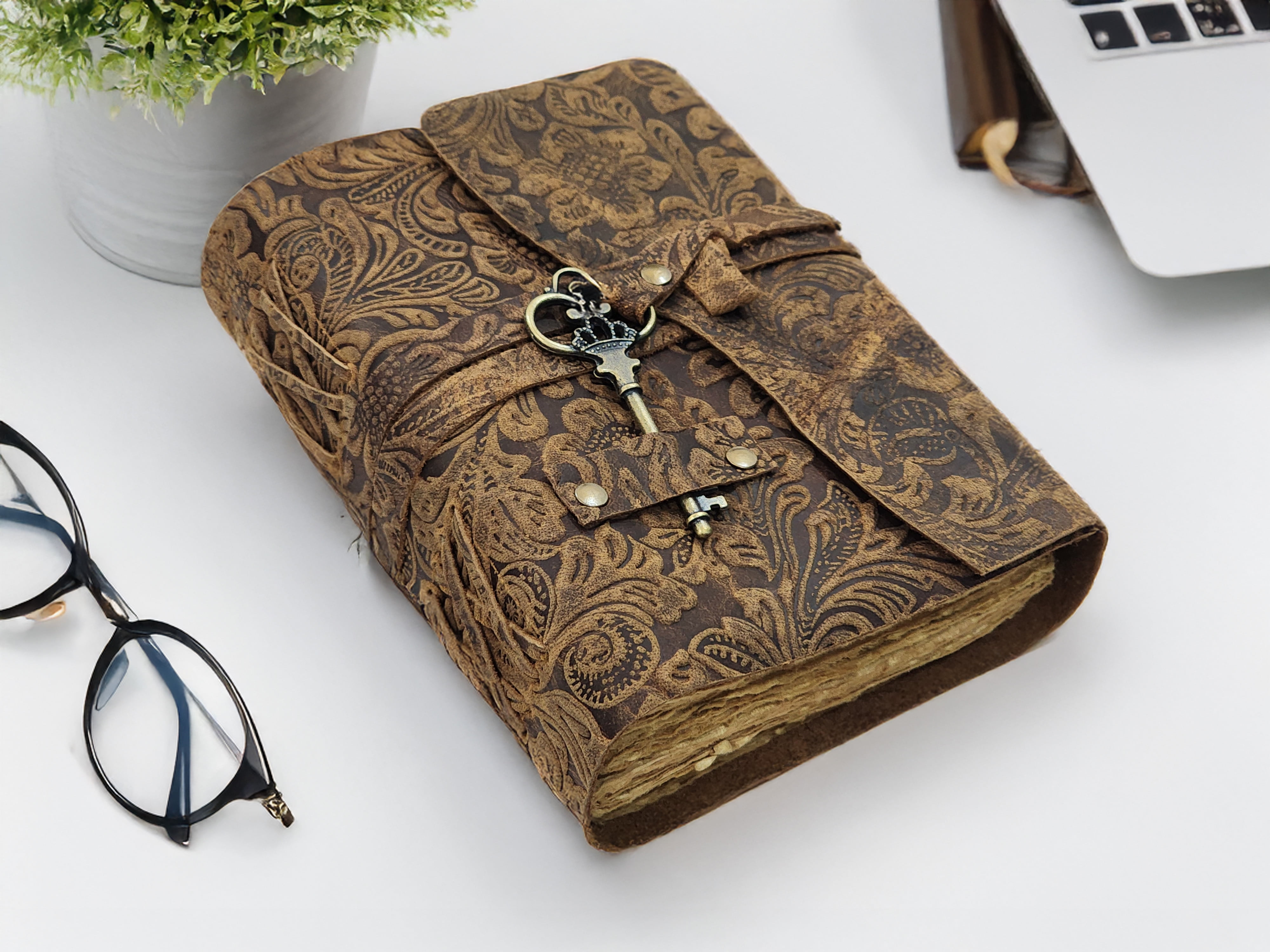 Quirky Craft Embossed Vintage Travel Journal -200 Vintage Deckle Edge Pages - 5 x 7 in, 200 Pages Sketchbook Leather Book of Shadows Leather Grimoire