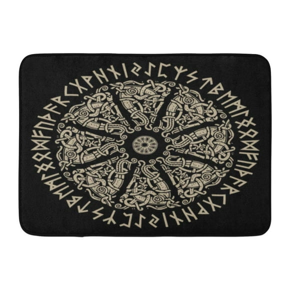 YUSDECOR Mythology White Nordic Ancient Scandinavian Shield Viking and Runes Black Emblem Round Rug Doormat Bath Mat 23.6x15.7 inch