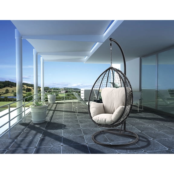 Patio Swing Chair - Beige Cushion, Black , Resin Water- Fabric, Comfortable All-weather Outdoor Seat Steel Frame, Foam Filling, Easy To Assemble