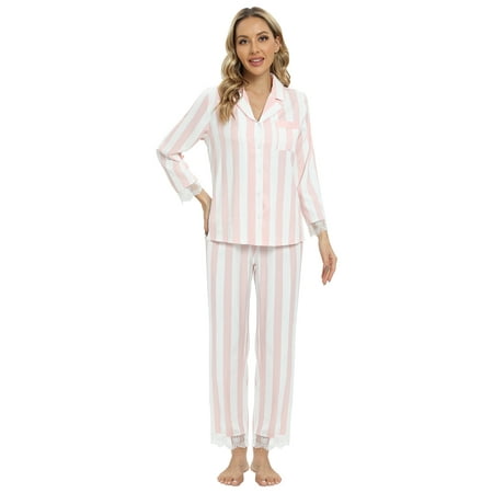 

Xmarks Striped Pajamas Set Women Lace Trim Long Sleeve Sleepwear Button Down Nightwear Two Piece Loungewear Set with Two Front Pockets Pink L
