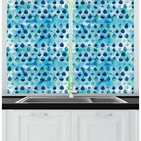 Navy And Teal Curtains 2 Panels Set Abstract Blue Watercolor Drops Aquarelle Art Rain Teardrop Quirky Window Drapes For Living Room Bedroom 55w X