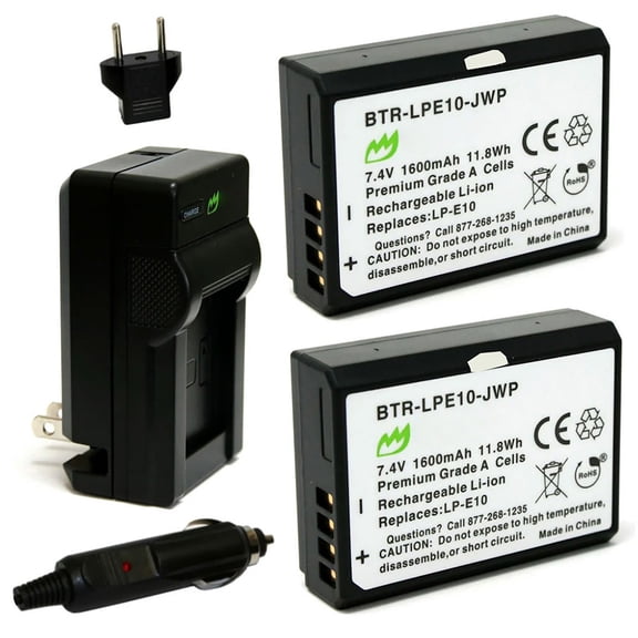 Replacement for Canon LP-E10 Battery (2-Pack, 1600mAh) and Charger with Car Adapter