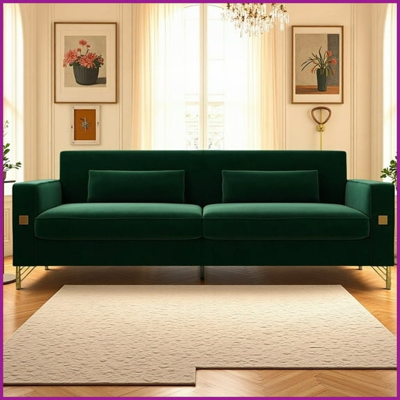 Modern Luxe Emerald Green Velvet 3-Seat Sofa with Gold Accents – Removable Washable Cushions for Living Room & Office