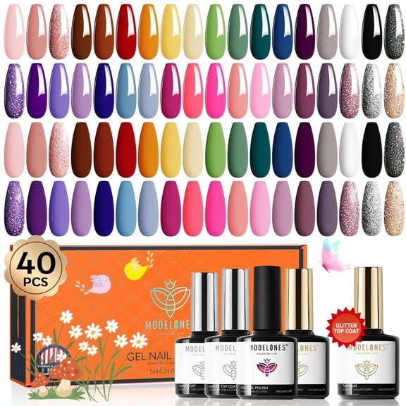 modelones 40 PCS Gel Nail Polish Set, 36 Colors White Yellow Green Hot Pink Gel Polish Kit Nude Brown Black Red Glitter Nail Polish W Base& Matte& Glitter& Glossy Top Coat LED Soapnails Gift
