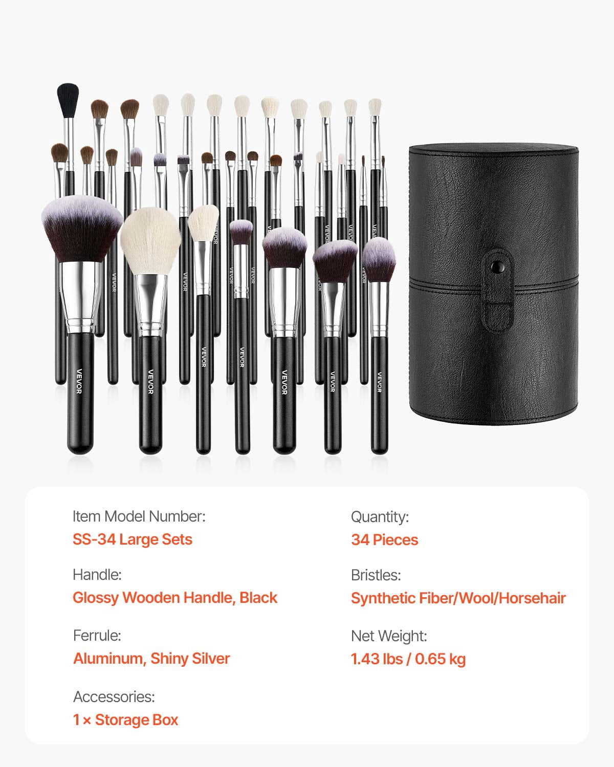 VEVOR 34-Piece Makeup Brush Set, Professional Brushes Kit for Foundation Blending Eyeshadow Concealer Blush - with Soft Bristles, Ergonomic Wood Handle, Travel-Friendly Case Included