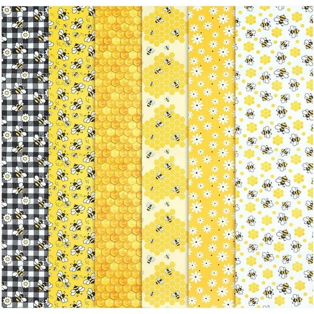 Paquetes de 6 piezas de tela de algodón con diseño de abejas y margaritas, ideales para patchwork, acolchado, patchwork, estampado de panal y cuadros. Telas para manualidades, color amarillo.