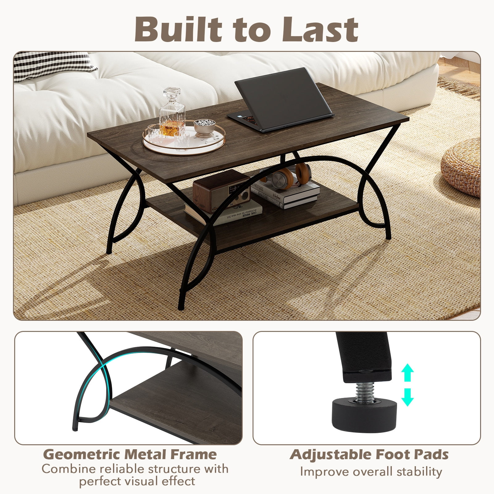 Costway 2-Tier Industrial Coffee Table Rectangular Cocktail Table with Storage Shelf Gray Oak