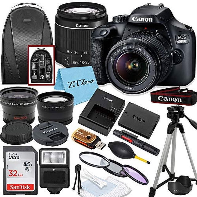Cámara Réflex Digital Canon EOS 4000D / Rebel T100 con Lente EF-S de 18-55 Mm, Tarjeta de Memoria SanDisk de 32 Gb, Trípode, Flash, Mochila y Paquete de Accesorios ZeeTech
