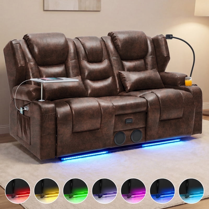 Electric Power Reclining Loveseat Sofa, 4-Point Vibration Massage & Lumbar Heating, Adjustable 90°-150° Recline, RGB LED Light Strip, Side Storage Pockets and Speaker, Breathable Leather, Brown
