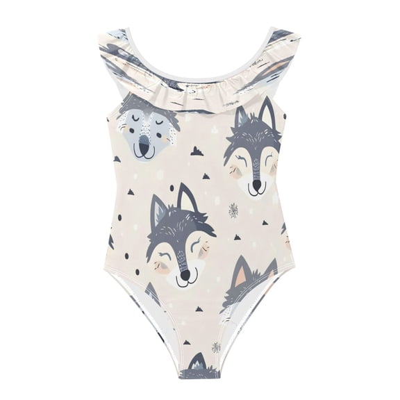 Girls Ruffle One-Piece Swimsuit Girls' One-Piece Swimwear Printed Kids Bathing Suit Soft Stretchy Swimwear for Beach Pool Gray Cartoon Wolf Face 3Years