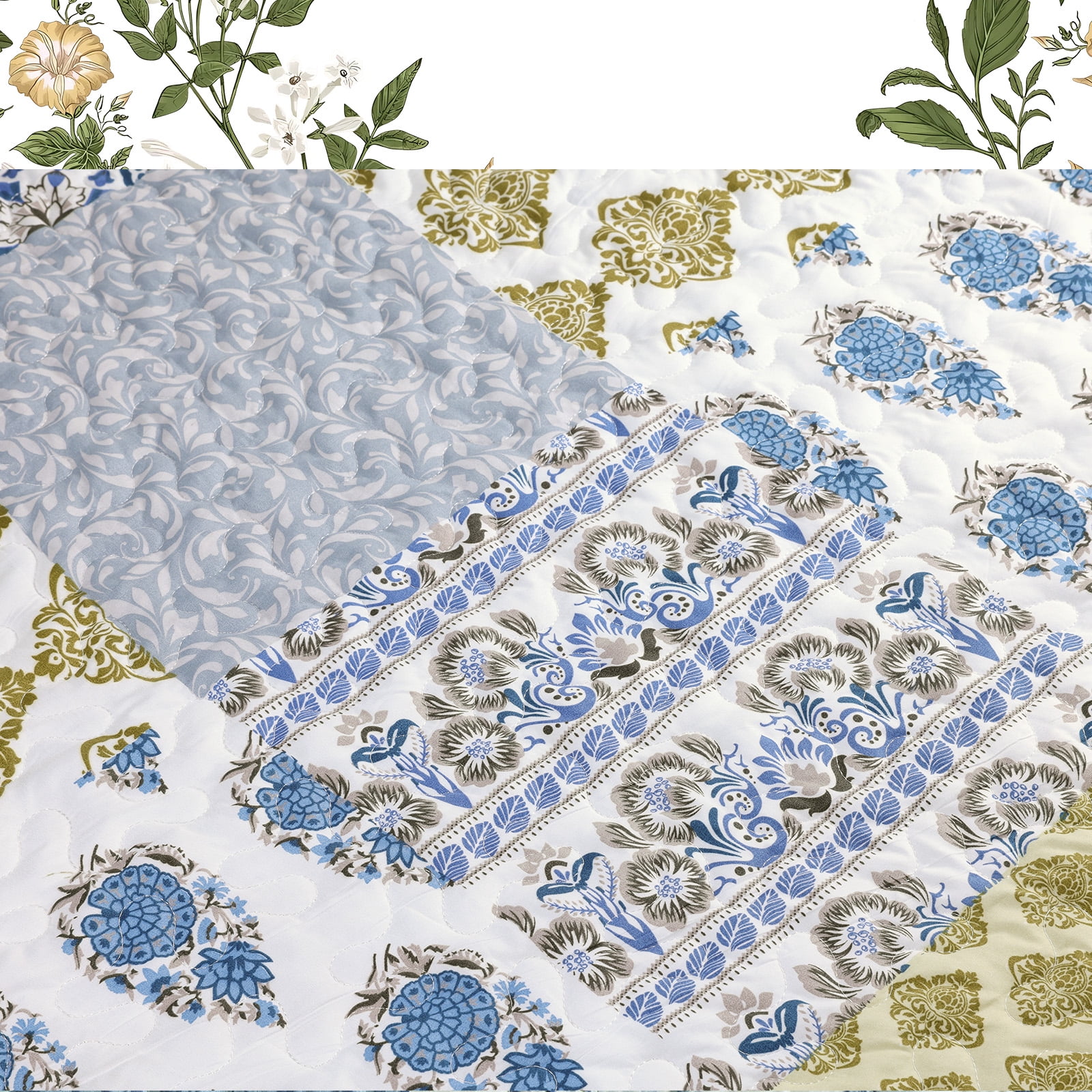 ANMINY Reversible Floral Coverlet Bedding Set - King All-Season Soft Polyester Quilt with Pillowcase | Vibrant Floral Design & Easy Care