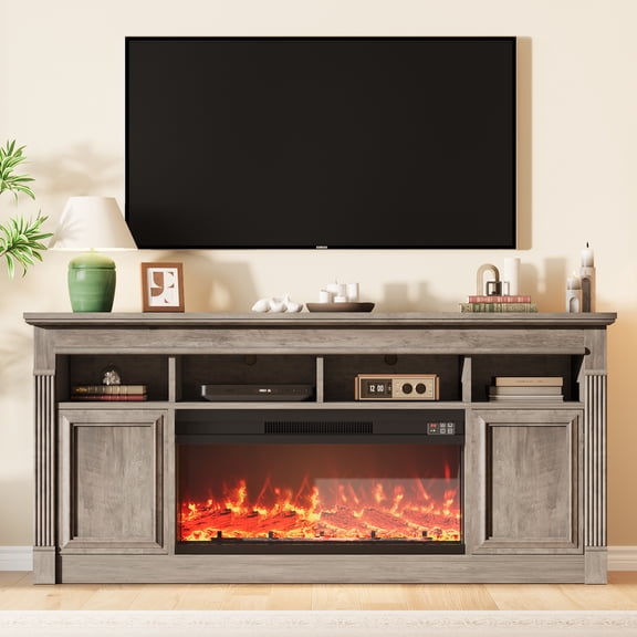 Farmhouse TV Stand for TV Up to 75", Entertainment Center Console Table with Open Storage Shelves and Cabinets for Living Room (Fireplace Not Included), Gray