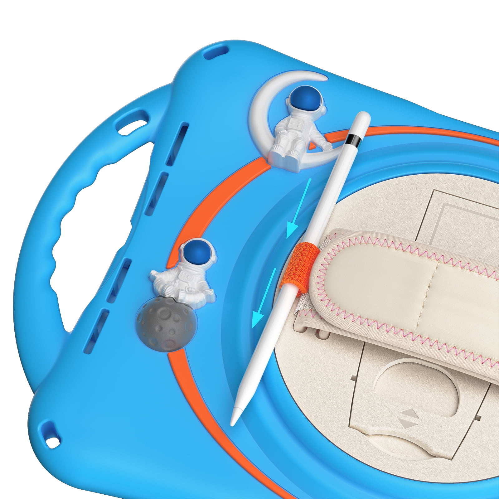 ELEHOLD for iPad 6th/5th Generation 9.7 inch Kids Case, Heavy Duty Pencil Cap Holder Kickstand 360° Rotating Hand Strap Carrying Shoulder Strap Shockproof Child-Proof Rugged Case, Blue