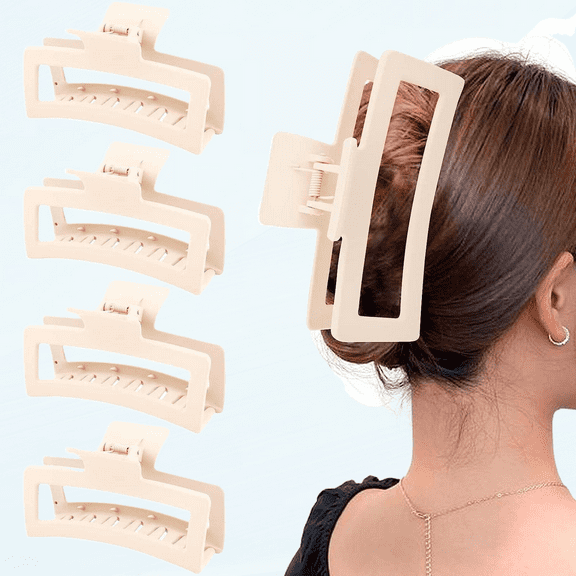 5 Inche Beige Extra Large Claw Clips for Thick Hair and Long Hair, 4 Pack Xl Jumbo Claw clips, Oversized Matte Non-slip Rectangle Hair Clips for Women, Big Strong Hold Jaw Clip