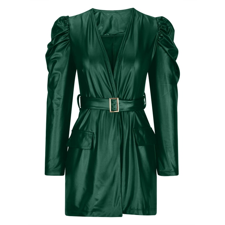 Safuny Women's Mini Dress with Belt Formal Workout Solid Fake Leather Fashion Elegant Leisure Relaxed Holiday Long Puff Sleeve Retro Spring Autumn