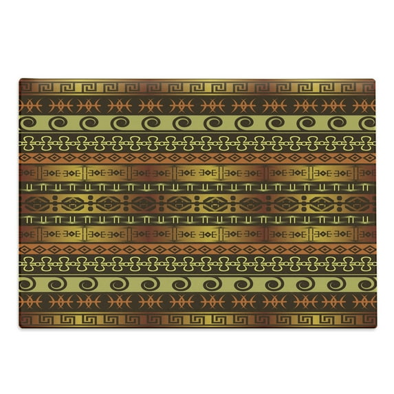 Prehistoric Cutting Board, Indigenous Geometric Motifs Ornament Traditional Tribal, Decorative Tempered Glass Cutting and Serving Board, Large Size, Brown Yellow Pale Orange, by Ambesonne