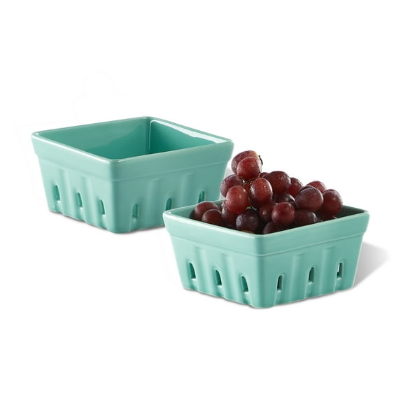 CONTENPO Berry Basket Ceramic Berry Bowls with Holes Square Fruit Bowl Berry Colander Containers for Fridge - 5.9" Fruit Basket for Kitchen Décor, Set of 2, Mint Green