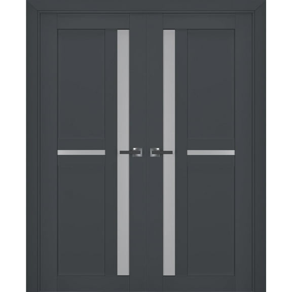 Interior Solid French Double Doors Frosted Glass | Veregio 7288 Antracite | Wood Solid Panel Frame Trims | Closet Bedroom Sturdy Doors -36" x 84" (2* 18x84)