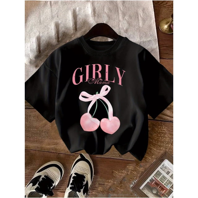 Girls' Summer Casual Short Sleeve T-Shirt - Black Cherry Print Round Neck Top with Pink Bow Design, Lightweight Breathable Fabric, Regular Fit for Teens, Teenage Clothing, Playful Print Shirt, Comfor