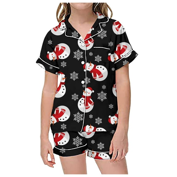 CAIVO Girls Christmas Printed 2 Piece Pajama Sets Lapel Short Sleeve Button Down Shirt With Shorts Children Kids Homewear Loungewear
