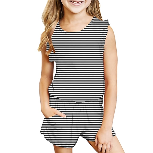 Tranfacy Ensembles d'Été pour Filles, Ensembles d'Été pour Filles, Débardeurs Sans Manches à Col Rond Style Rayé pour Filles de 3 à 14 Ans et Shorts, Ensembles d'Été