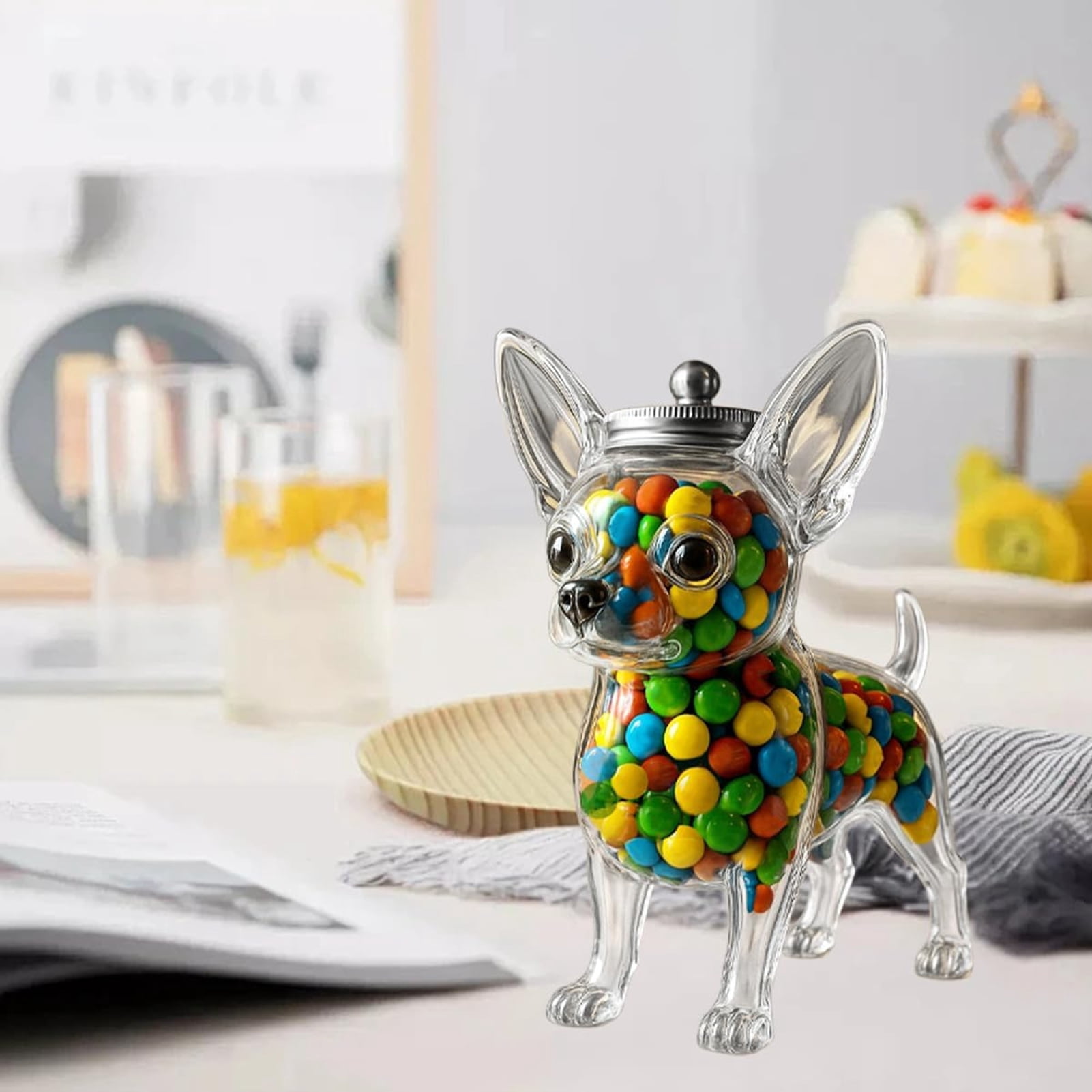 Dserhfy Pet Treat Jar Reusable Dog Shape Glass Airtight Pet Food Storage Container Chihuahua/French Bulldog/Dachshund Candy Snack Holder with Lid for Kitchen Countertop