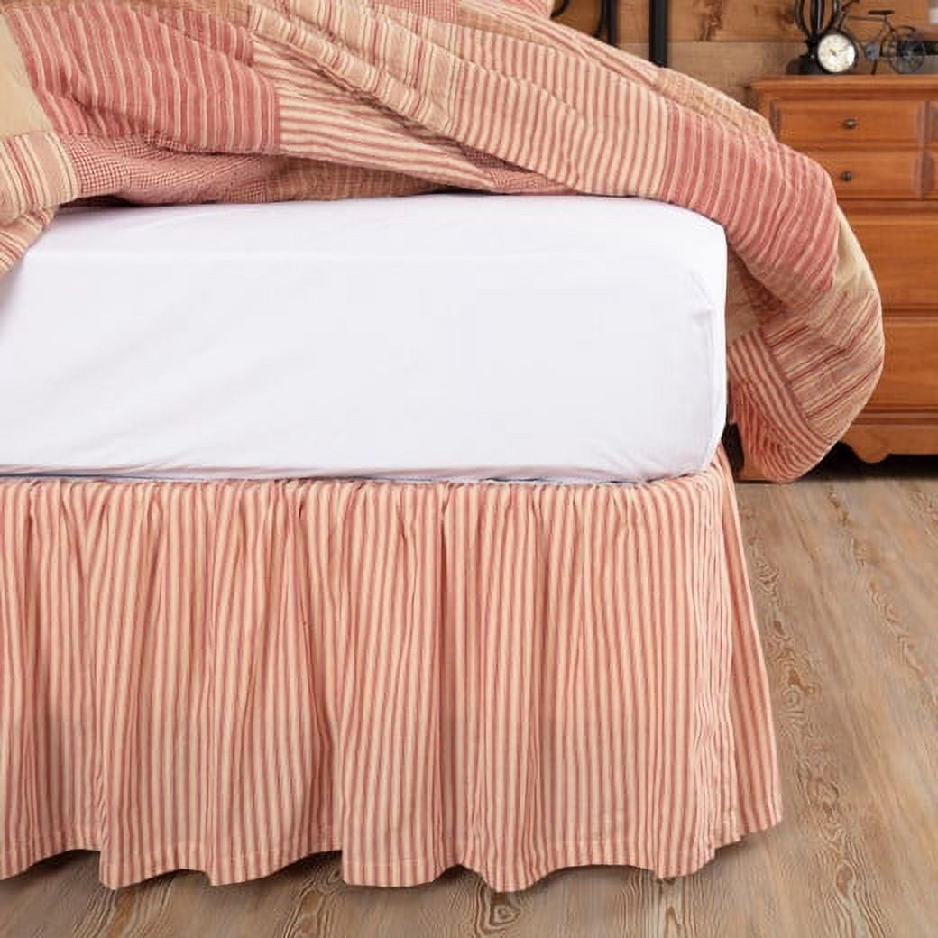 VHC Brands Sawyer Mill Red Ticking Stripe Farmhouse Bedroom Home Decor, Red & Creme Ruffled, Twin Size 39x76 with 16" Drop