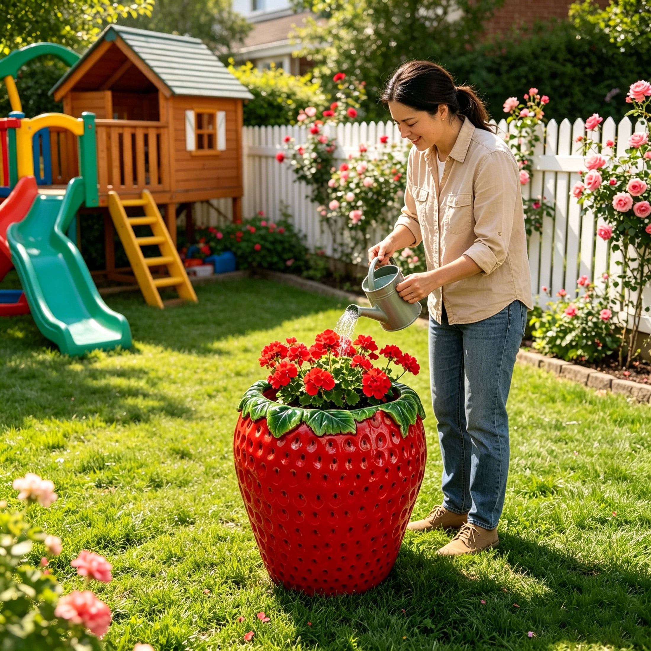 Noble House Strawberry Shaped Decorative Planter Pot & Flower Vase, Weather-Resistant Outdoor Garden Planter, Red