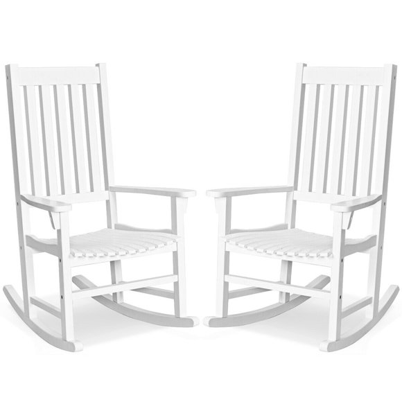 Gymax 2PCS Wood Rocking Chair Porch Rocker High Back Garden Seat Indoor Outdoor White