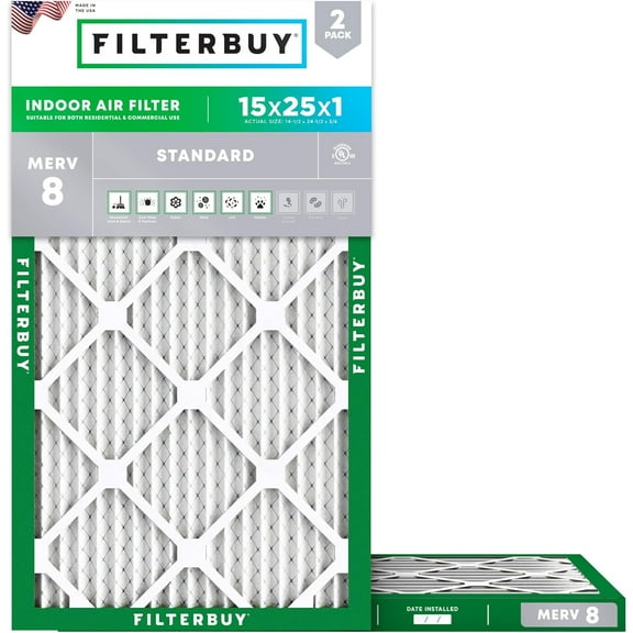 Filterbuy 15x25x1 Air Filter MERV 8 Dust Defense, Pleated HVAC AC Furnace Filter Replacement, 2-Pack