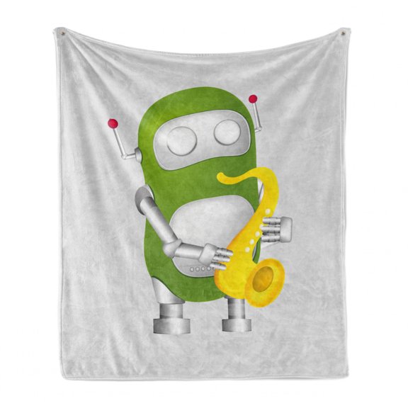 Science Party Soft Flannel Fleece Blanket, Blues Pattern Inspired Image of Little Robot Playing Saxophone, Cozy Plush for Indoor and Outdoor Use, 70" x 90", Pearl Lime Green Yellow, by Ambesonne