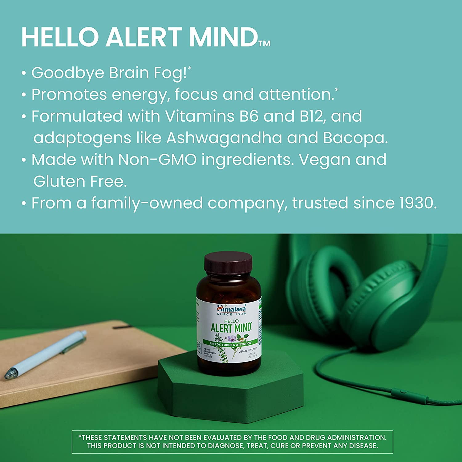Himalaya Hello Alert Mind with Ashwagandha & L-Theanine for Energy, Focus and Attention, 60 Capsules